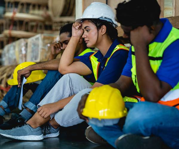 A diverse group of warehouse workers felt sad and stressed at the moment. Dismissal, bankruptcy, stress at work.